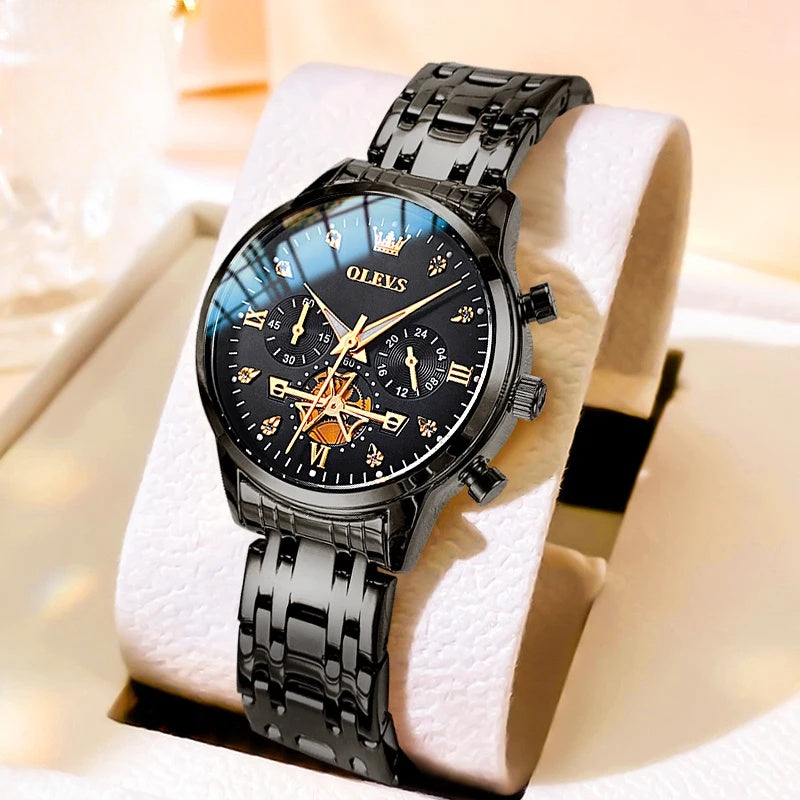 Women's Multifunction Quartz Bracelet Watch — Black / Black Dial — BandsCo Straps
