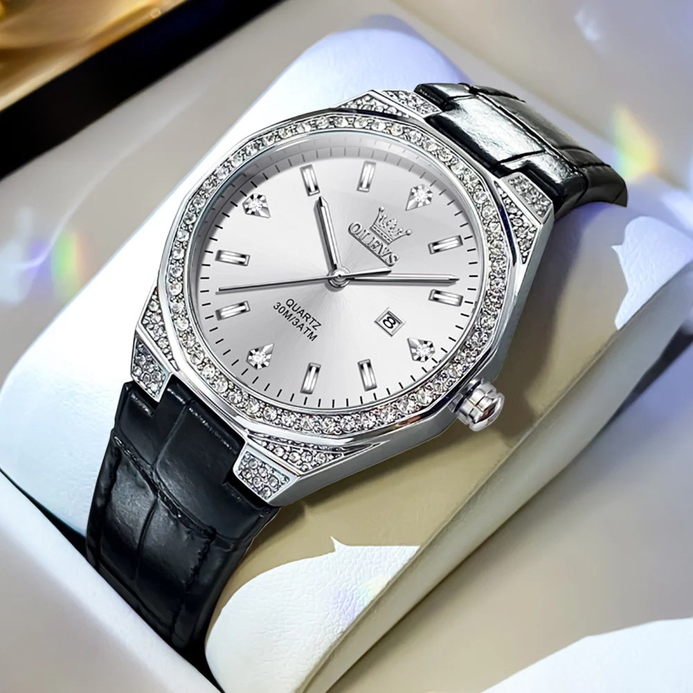 Women's Crystal Bezel Leather Date Watch — Black / White Dial — BandsCo Straps