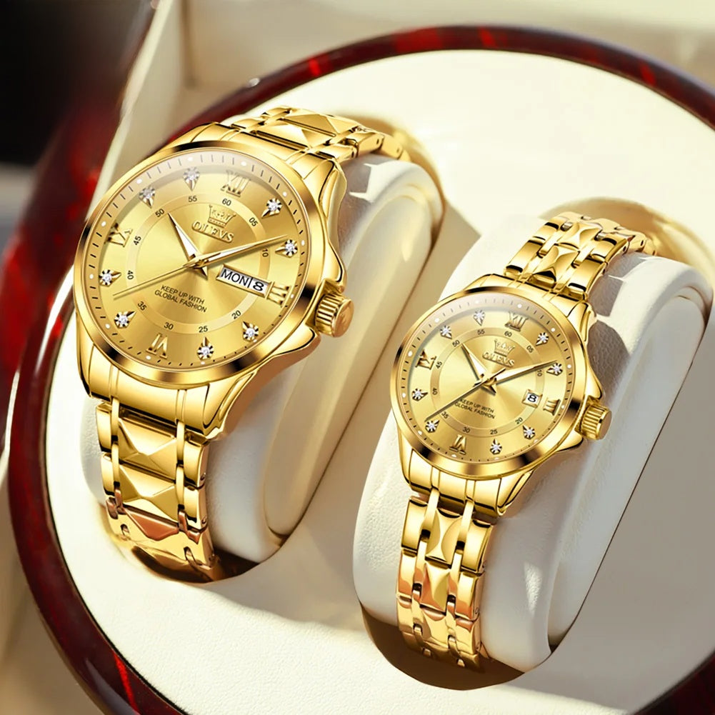 Stainless Steel Day-Date Watch - Women's, Men's & Couples — Couple Pair / Gold Tone / Gold Dial — BandsCo Straps