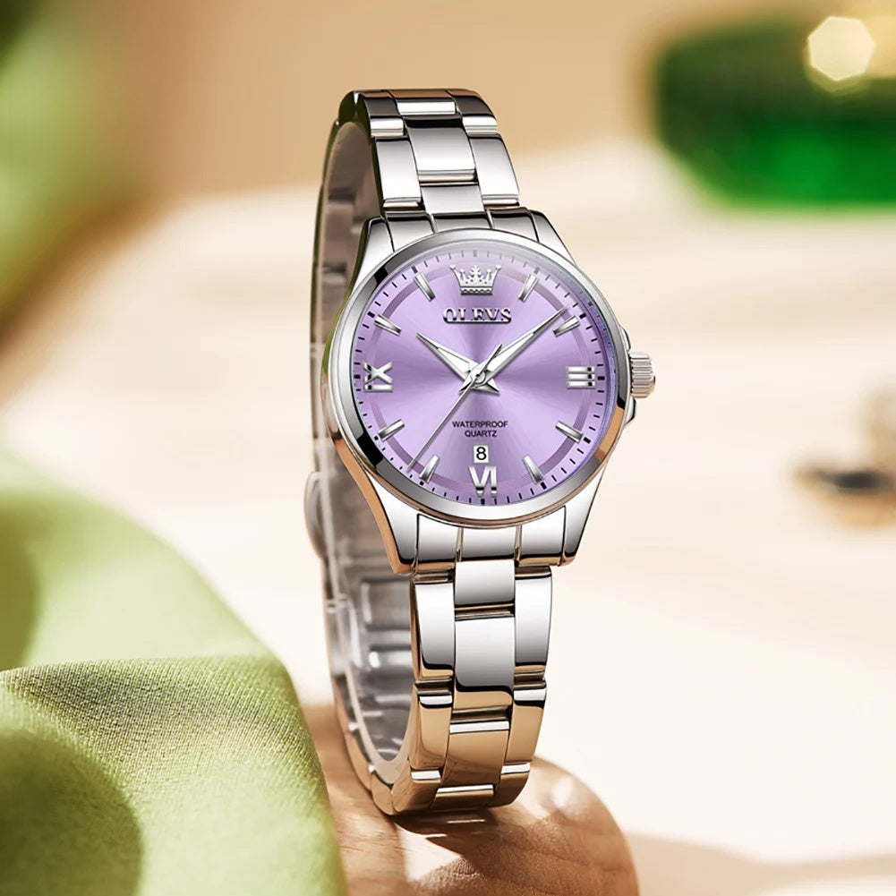 Women's 30mm Roman Numeral Quartz Bracelet Watch — Lavender dial and silver-tone bracelet