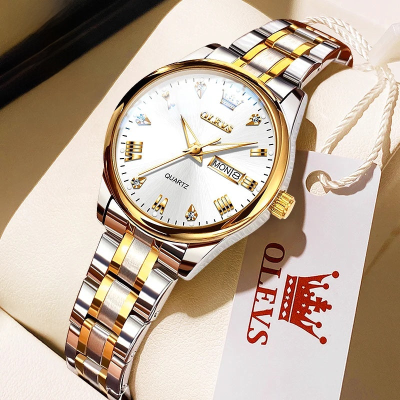 Women's 29mm Day-Date Stainless Steel Quartz Watch — Silver & Gold Tone / White Dial
