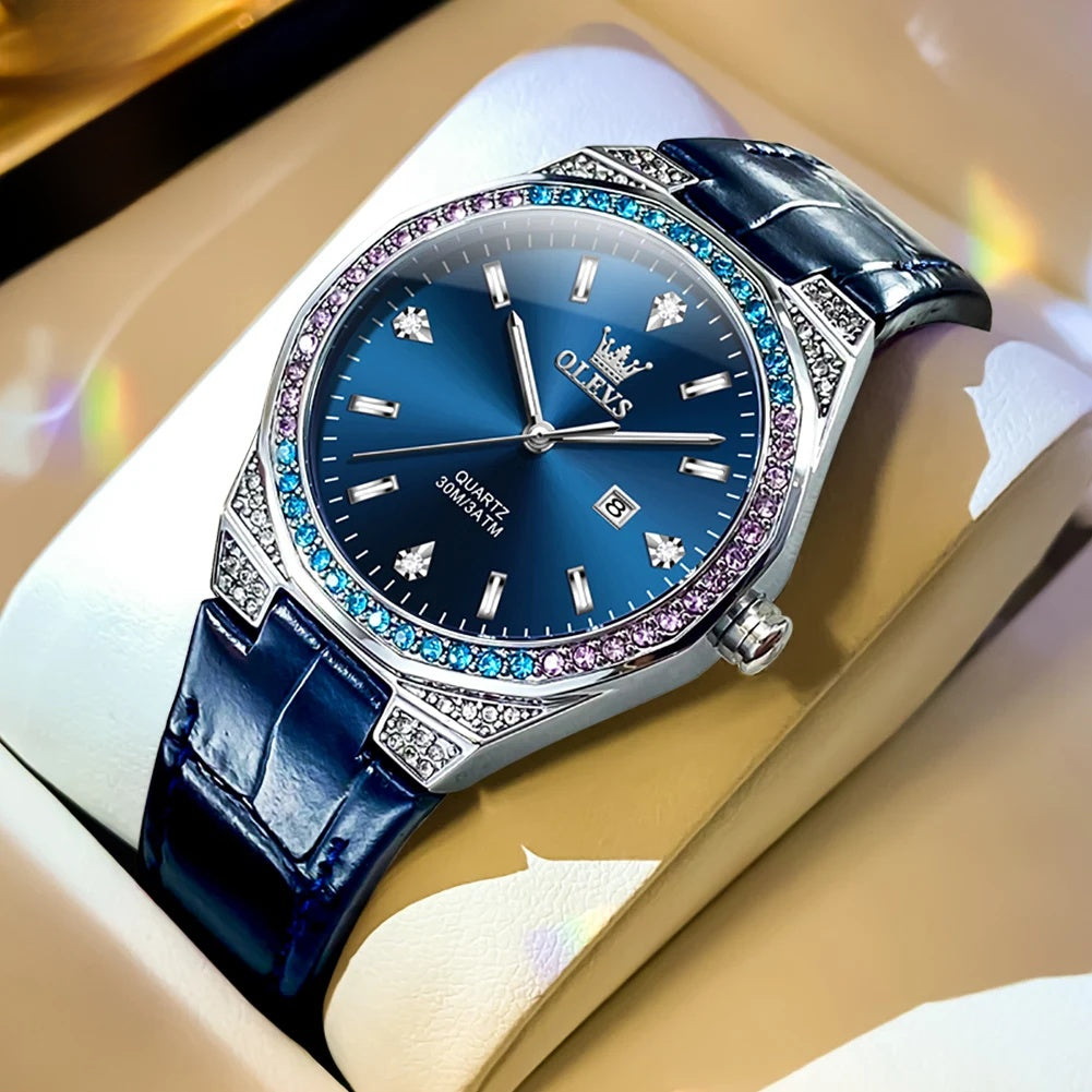 Women's Crystal Bezel Leather Quartz Watch — Navy Blue / Blue Dial — BandsCo Straps