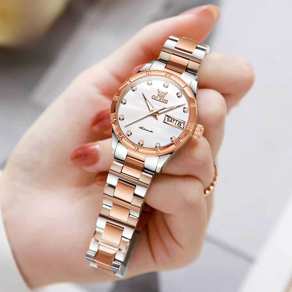 Women's Automatic Pearl-Effect Day-Date Watch — Automatic watch held in hand — BandsCo Straps