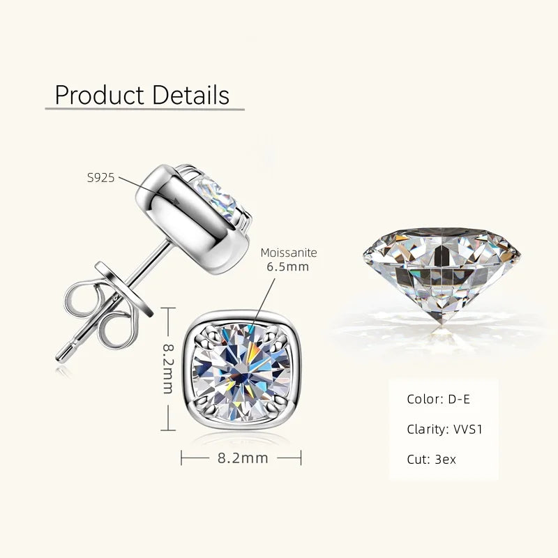Round Moissanite Square-Setting Stud Earrings — Silver-tone stone and setting dimensions — BandsCo Straps