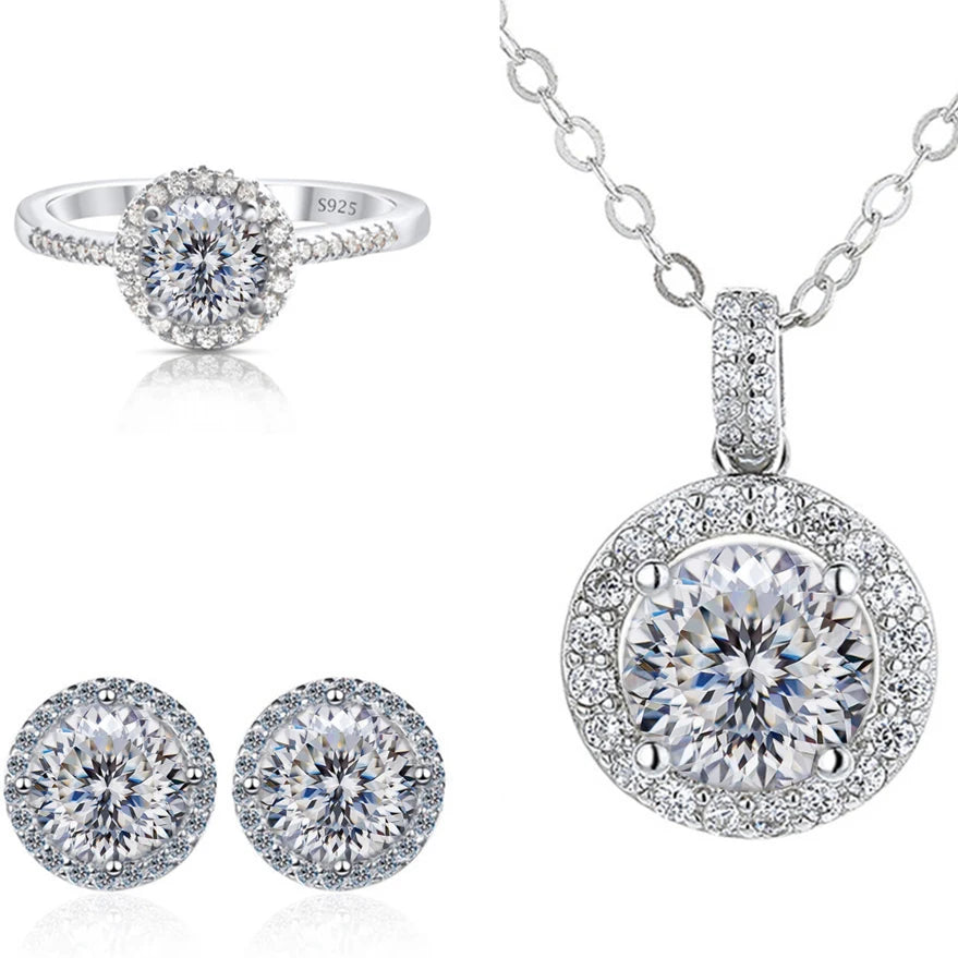 Round Halo Moissanite Necklace, Stud Earrings & Ring Set - White Love Cut set