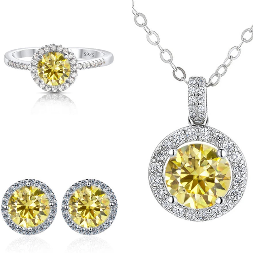 Round Halo Moissanite Necklace, Stud Earrings & Ring Set - Lemon yellow halo set