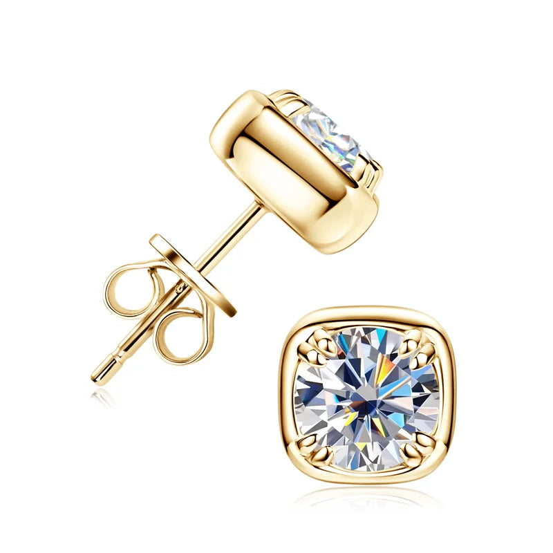 Round Moissanite Square-Setting Stud Earrings — Yellow Gold Tone — BandsCo Straps