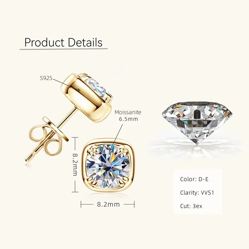 Round Moissanite Square-Setting Stud Earrings — Gold-tone stone and setting dimensions — BandsCo Straps