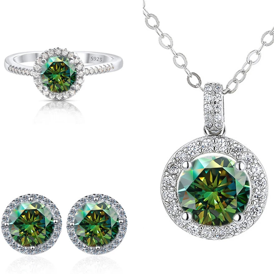 Round Halo Moissanite Necklace, Stud Earrings & Ring Set - Green halo set