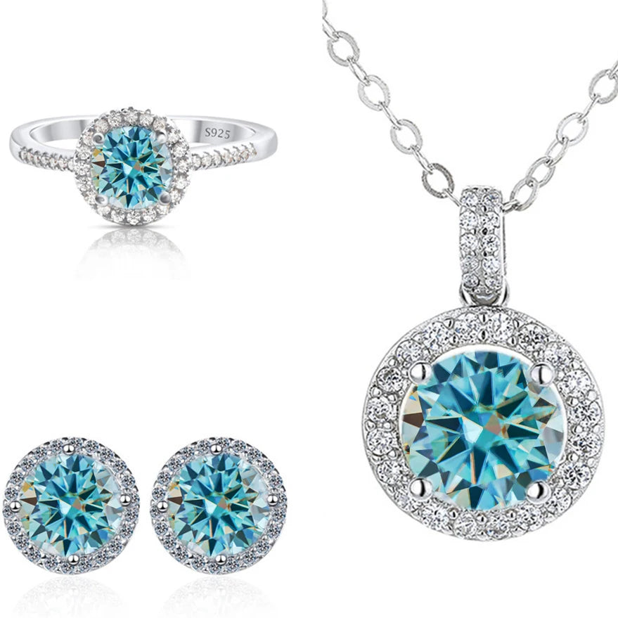 Round Halo Moissanite Necklace, Stud Earrings & Ring Set - Blue halo set
