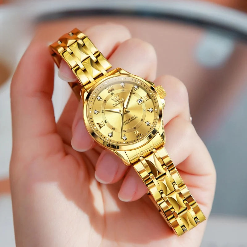 Women's 30mm Bracelet Watch with Date — Gold-tone dial and sculpted bracelet close-up