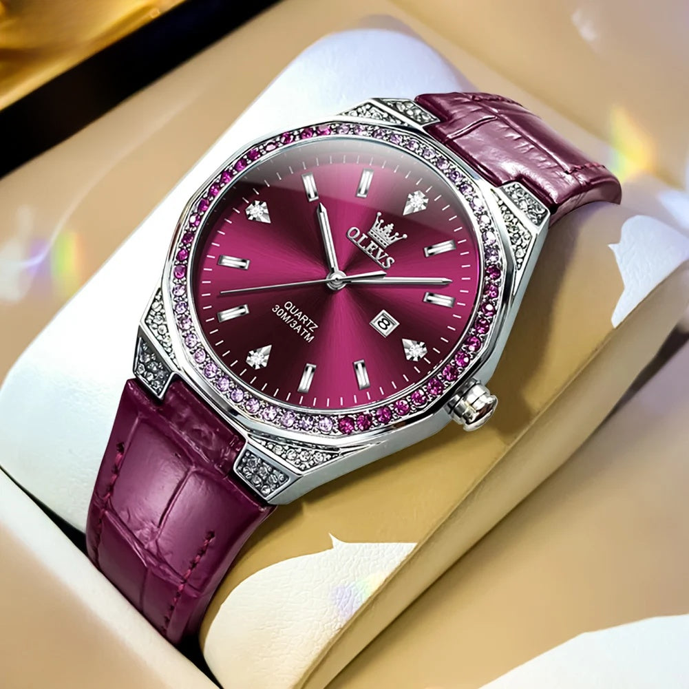 Women's Crystal Bezel Leather Date Watch — Plum / Plum Dial — BandsCo Straps