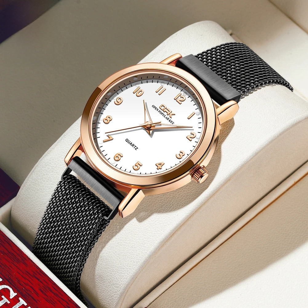 Women's Arabic Numeral Mesh Quartz Watch — Black Mesh / Rose Gold Tone / White Dial — BandsCo Straps