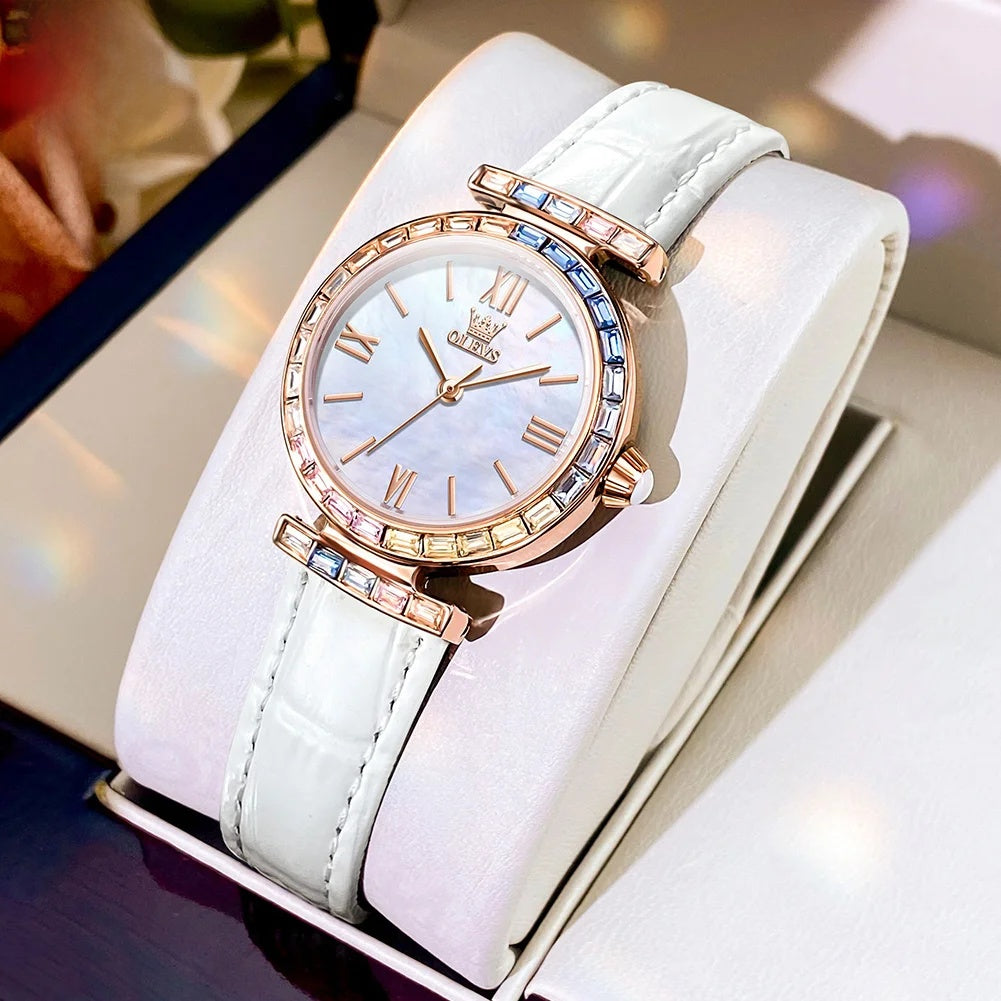 Women's Crystal Accent Leather Quartz Watch — White — BandsCo Straps