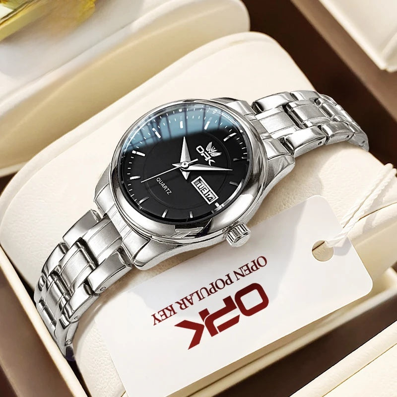 Women's Stainless Steel Day-Date Quartz Watch — Silver Tone / Black Dial — BandsCo Straps