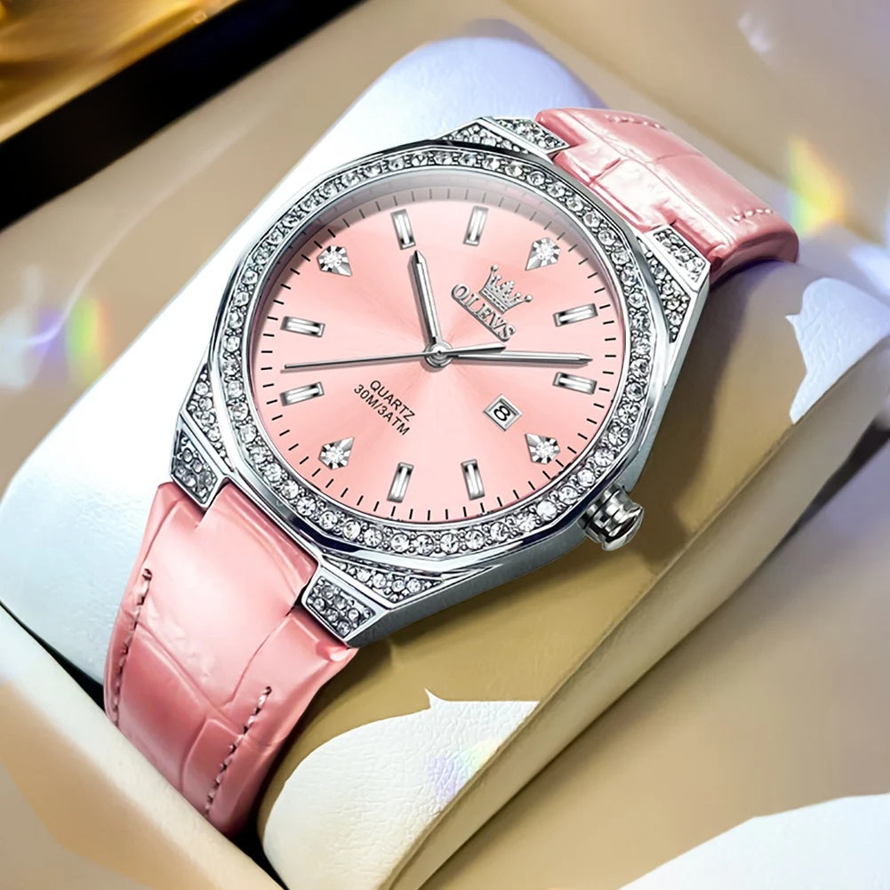 Women's Crystal Bezel Leather Quartz Watch — Pink / Pink Dial — BandsCo Straps