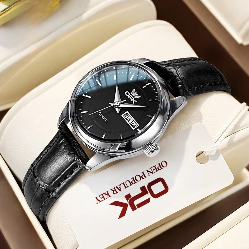 Women's Leather Day-Date Quartz Watch — Black / Black Dial — BandsCo Straps