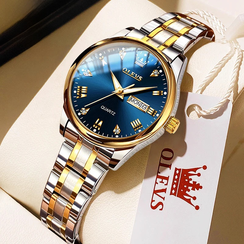 Women's 29mm Day-Date Stainless Steel Quartz Watch — Silver & Gold Tone / Blue Dial