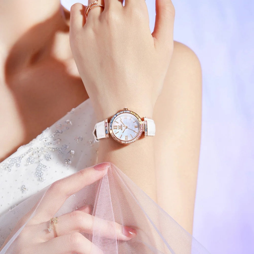 Women's Crystal Accent Leather Quartz Watch — White leather watch worn on wrist — BandsCo Straps