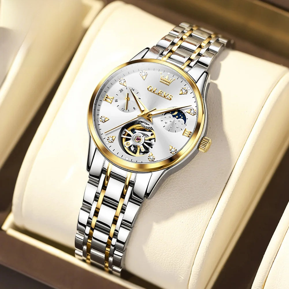 Women's Open-Heart Automatic Bracelet Watch — Two Tone / White Dial — BandsCo Straps
