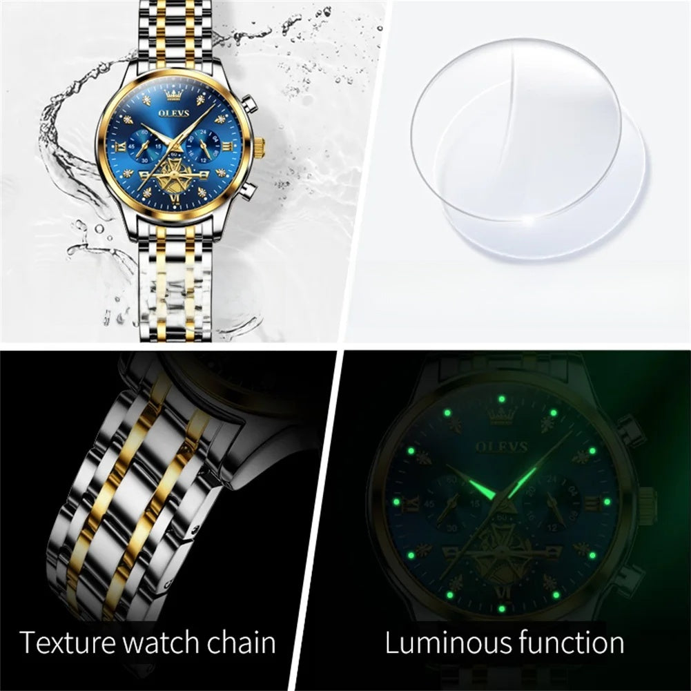 Women's Multifunction Quartz Bracelet Watch — Bracelet, case and luminous-hand details — BandsCo Straps