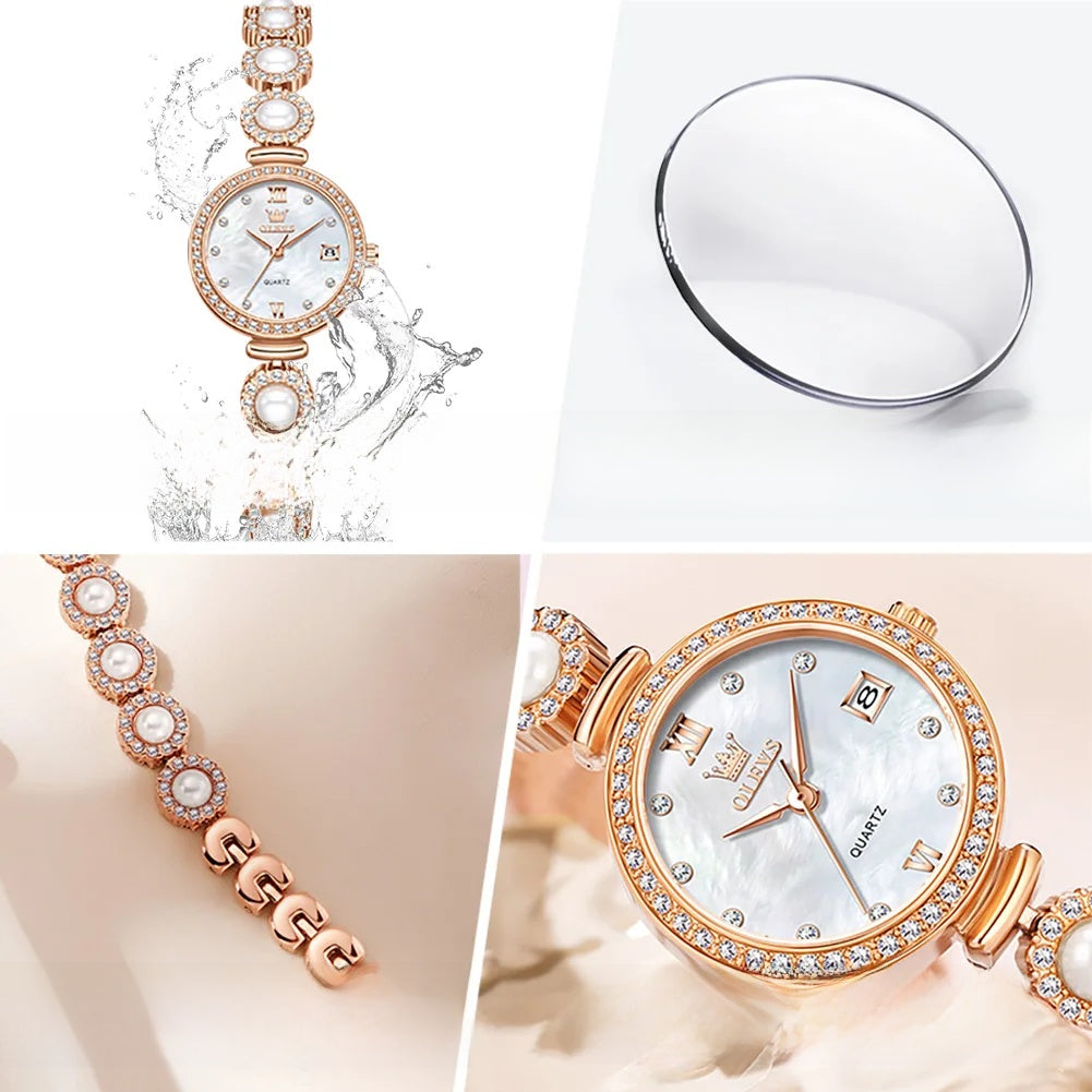 Women's Pearl-Effect Crystal Bracelet Watch — Crystal bezel and pearl-effect bracelet details