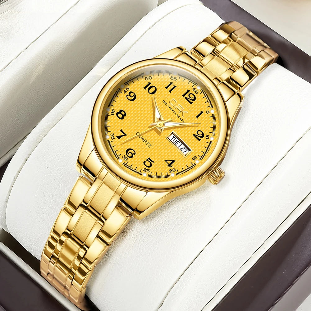 Women's Arabic Dial Steel Day-Date Watch — Gold Tone / Gold Dial — BandsCo Straps