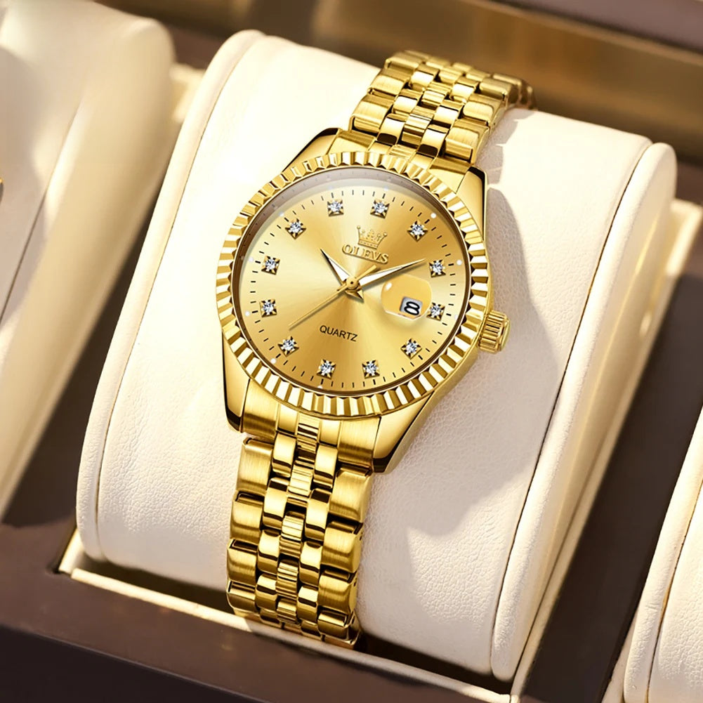 Women's 33mm Fluted Bezel Quartz Date Watch — Gold Tone / Gold Dial