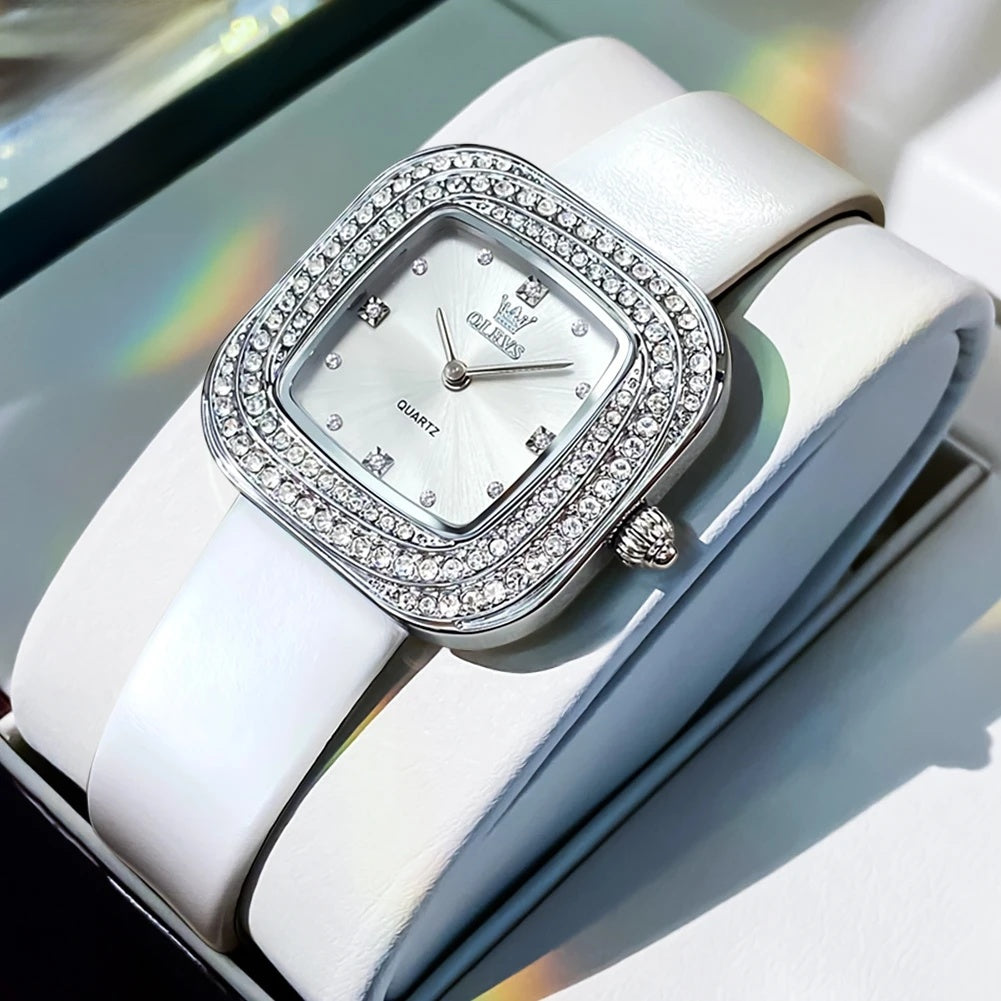 Women's Square Crystal Bezel Leather Watch — White / Silver Tone — BandsCo Straps
