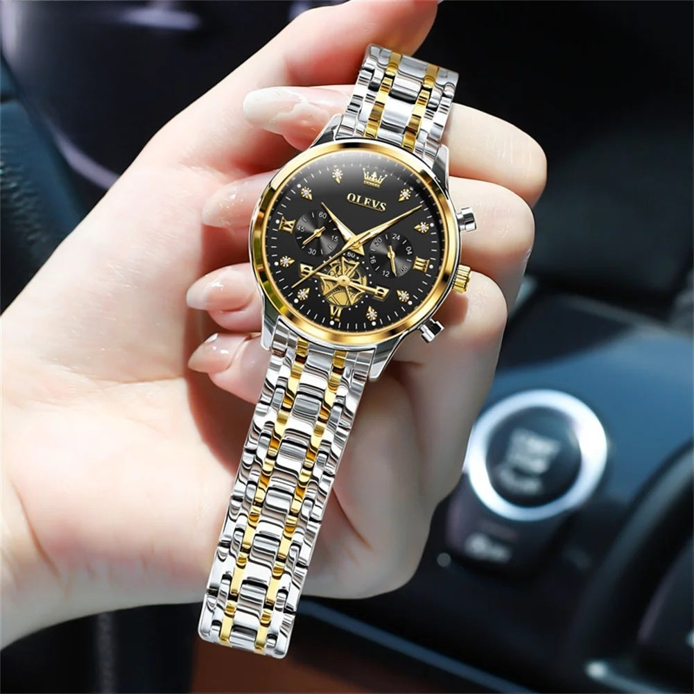 Women's Multifunction Steel Quartz Bracelet Watch — Two Tone / Black Dial — BandsCo Straps