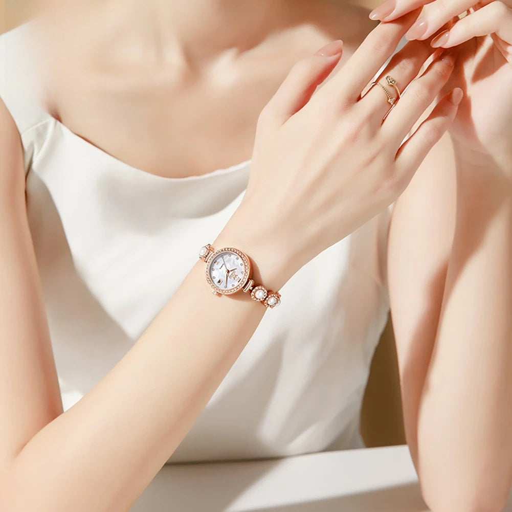 Women's Pearl-Effect Crystal Bracelet Watch — Decorative bracelet watch worn on wrist