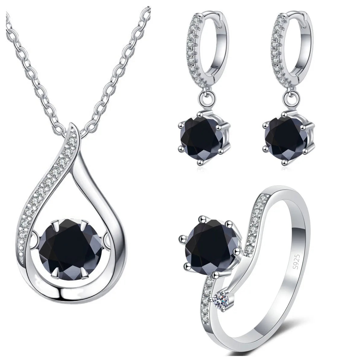 Moissanite Teardrop Necklace, Drop Earrings & Ring Set - Black set