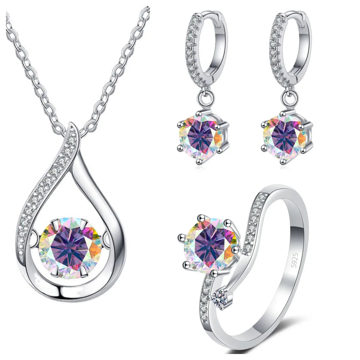 Moissanite Teardrop Necklace, Drop Earrings & Ring Set - Multicolor set