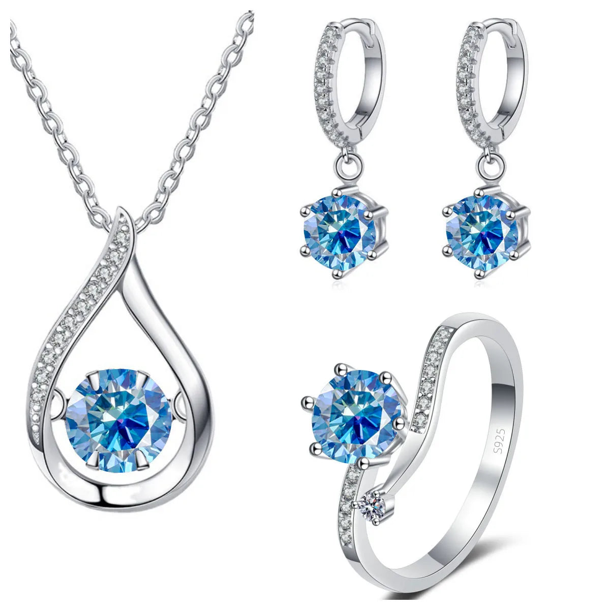 Moissanite Teardrop Necklace, Drop Earrings & Ring Set - Royal blue set