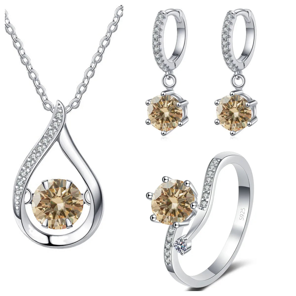 Moissanite Teardrop Necklace, Drop Earrings & Ring Set - Light yellow set