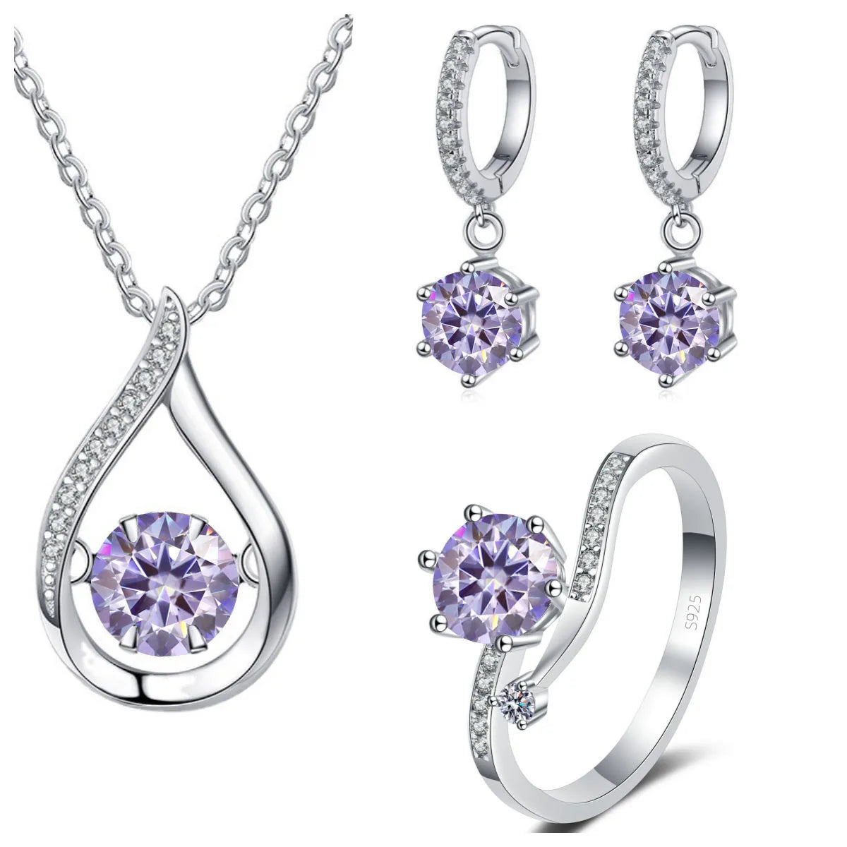 Moissanite Teardrop Necklace, Drop Earrings & Ring Set - Light purple set
