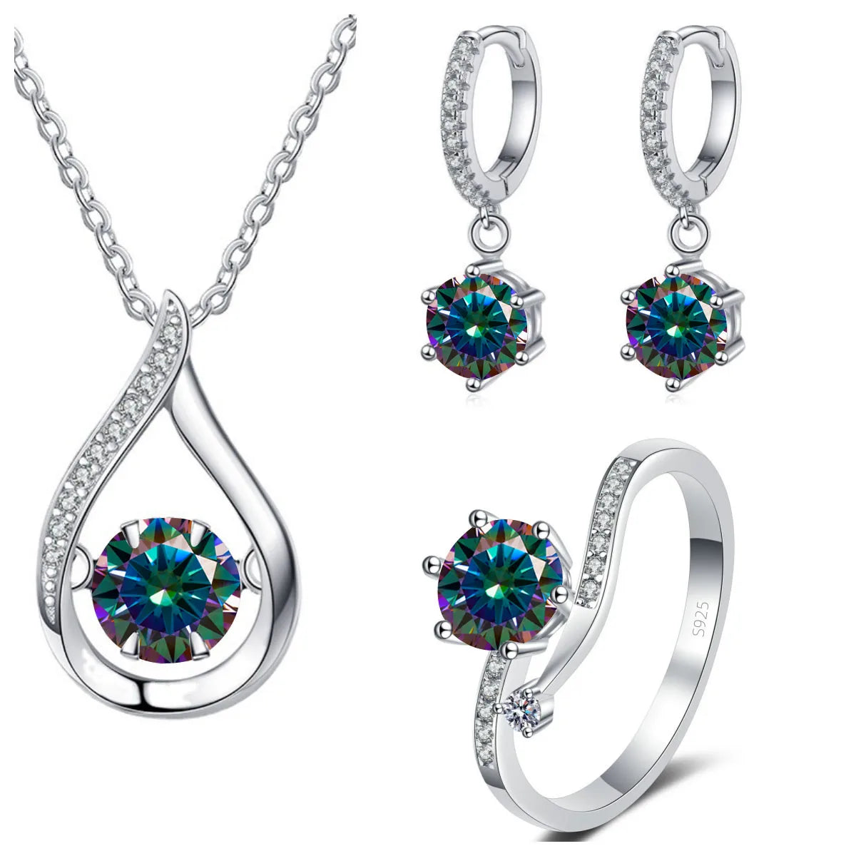 Moissanite Teardrop Necklace, Drop Earrings & Ring Set - Rainbow set