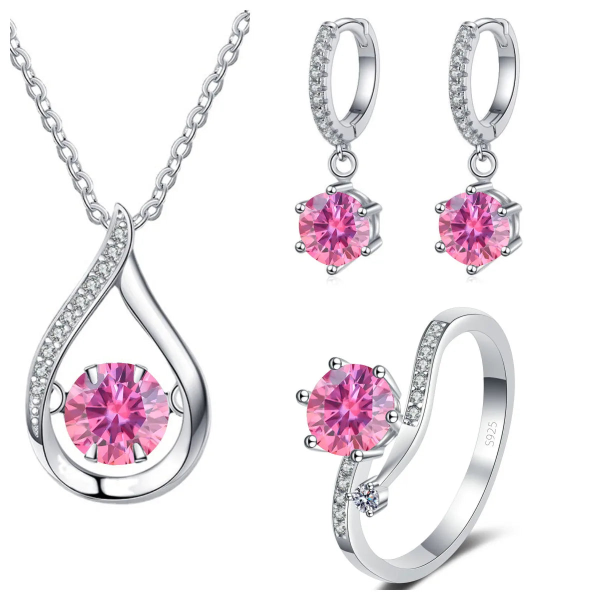Moissanite Teardrop Necklace, Drop Earrings & Ring Set - Pink set