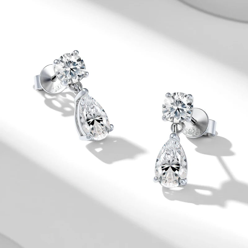 Round & Pear Moissanite Drop Earrings in Sterling Silver - Silver pair