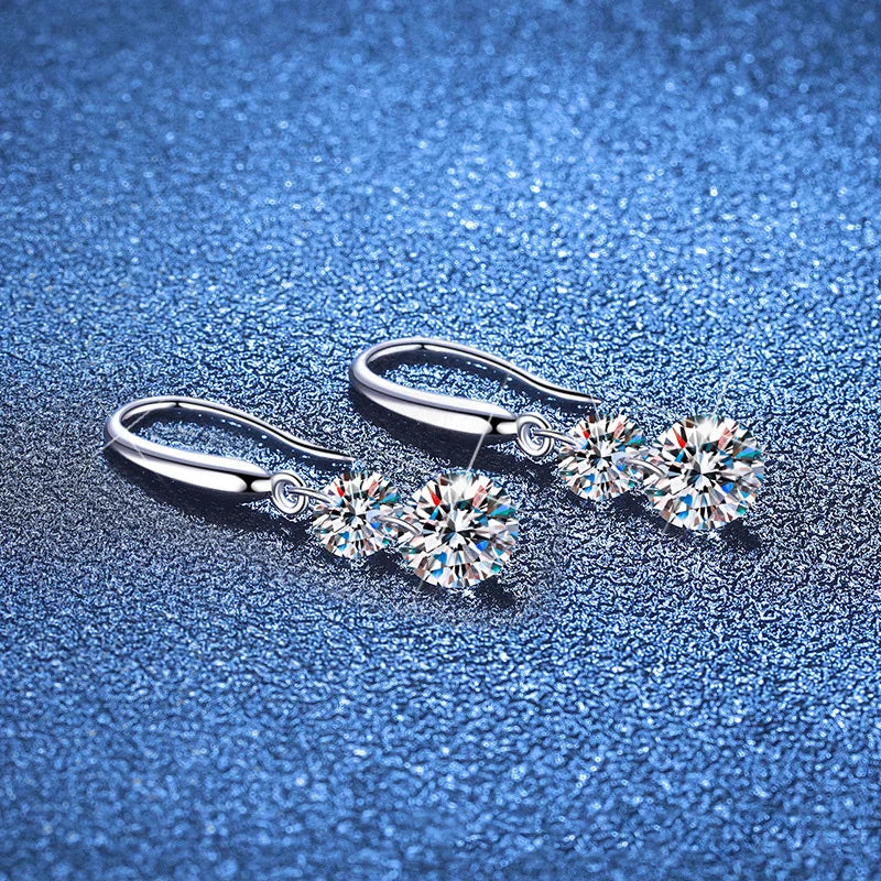 Two-Stone Moissanite Hook Drop Earrings in Sterling Silver — Angled hooks