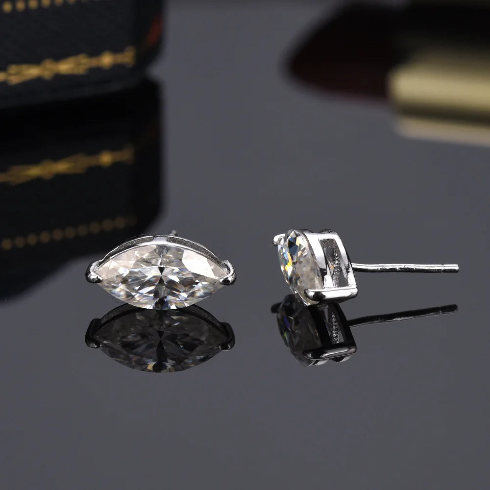 Marquise Moissanite Stud Earrings in 925 Sterling Silver — Post and setting detail