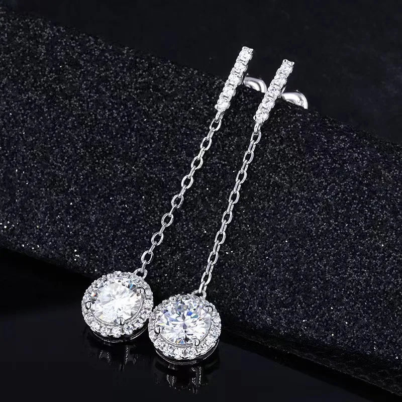 Moissanite Halo Chain Drop Earrings in Sterling Silver — Round halo detail
