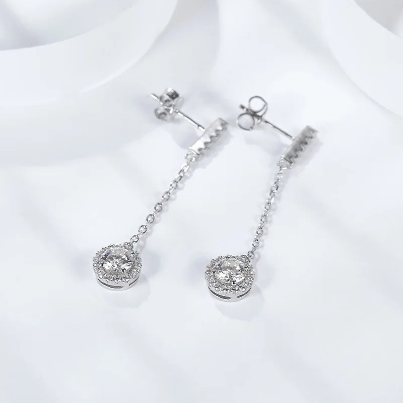 Moissanite Halo Chain Drop Earrings in Sterling Silver — Chain drops and butterfly backs