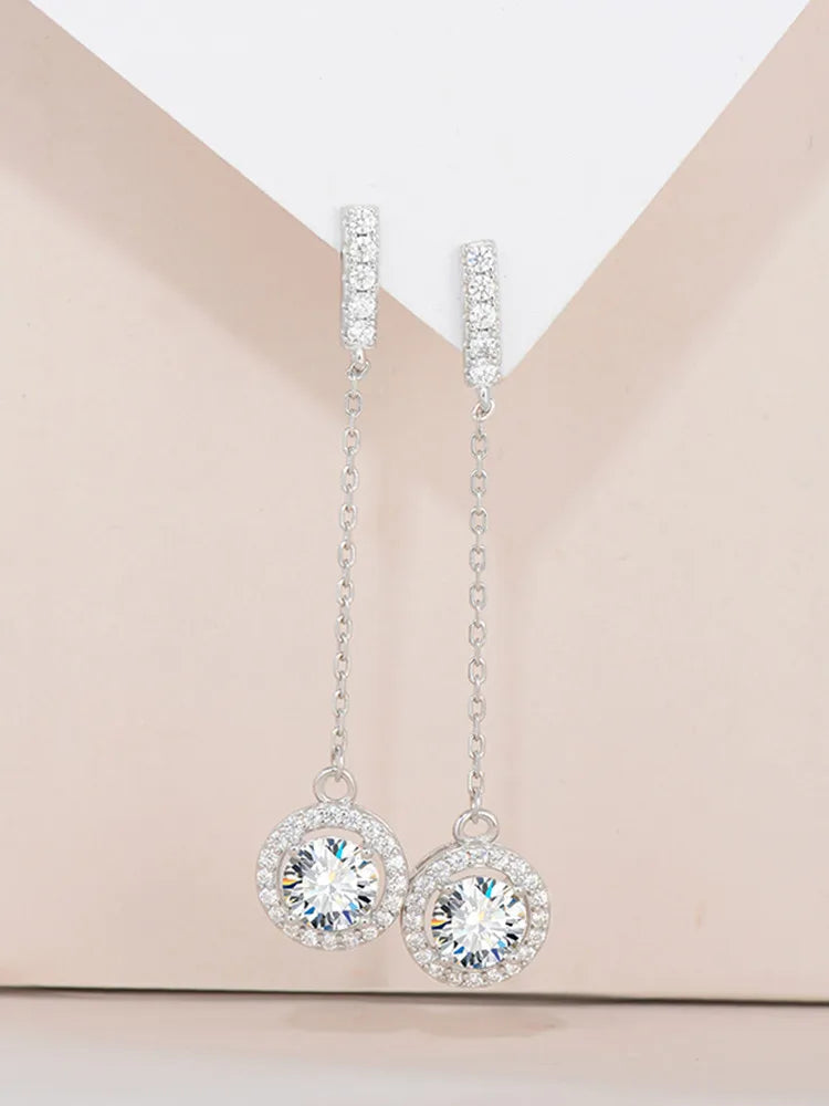 Moissanite Halo Chain Drop Earrings in Sterling Silver — Silver chain drop pair
