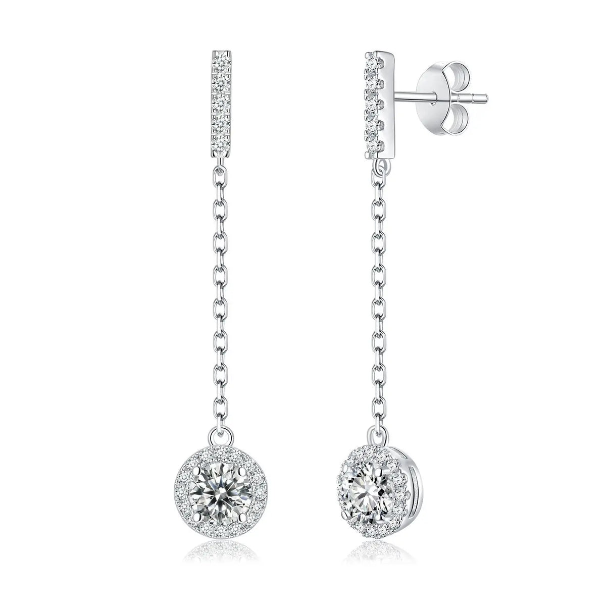 Moissanite Halo Chain Drop Earrings in Sterling Silver — Bar studs and halo drops