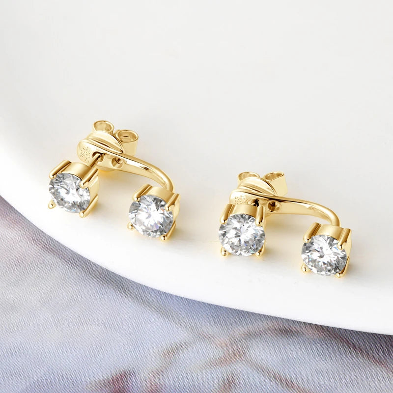 Two-Stone Moissanite Ear Jacket Stud Earrings in Silver - Gold-tone two-stone jackets