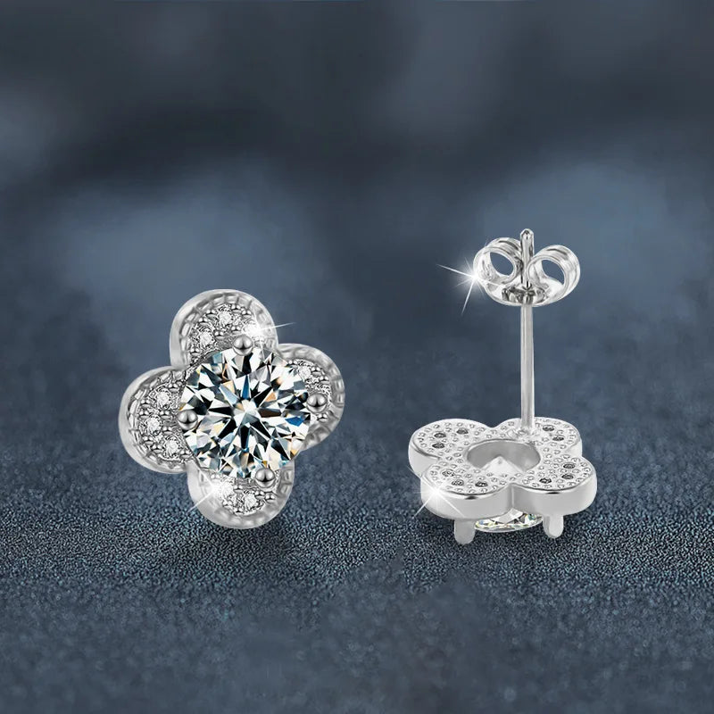 Clover Moissanite Stud Earrings with Zircon Accents in Silver — Front and butterfly back