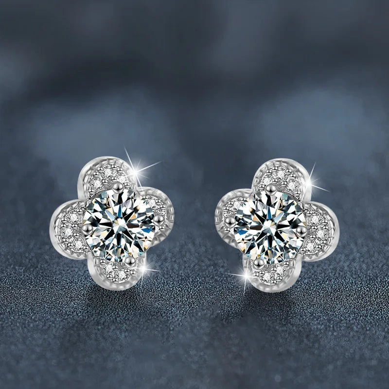 Clover Moissanite Stud Earrings with Zircon Accents in Silver — Angled pair