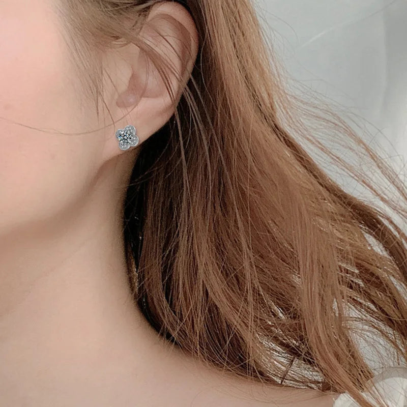 Clover Moissanite Stud Earrings with Zircon Accents in Silver — Shown on ear