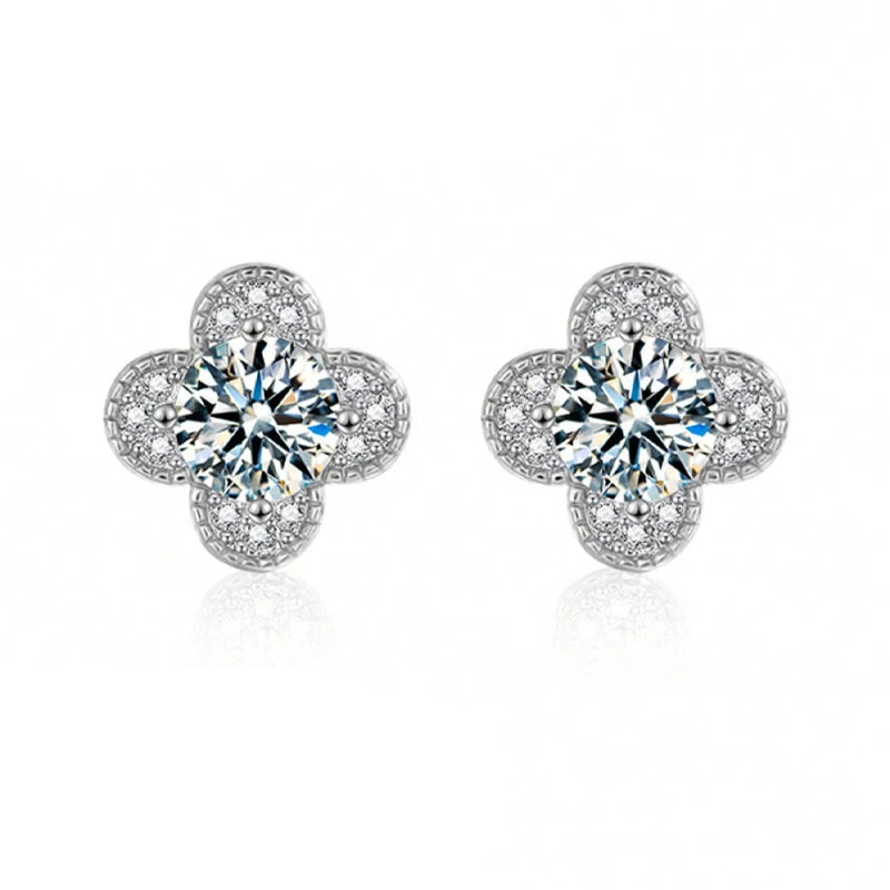Clover Moissanite Stud Earrings with Zircon Accents in Silver — Silver fronts